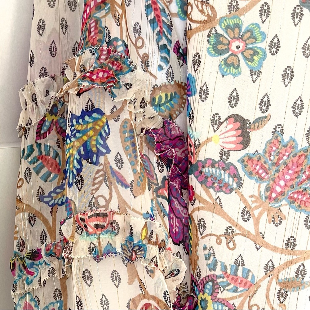 LOFT Ann Taylor Chiffon Bohemian Blouse Shimmer Vine Smocked Ruffle Tie Neck - Picture 6 of 16